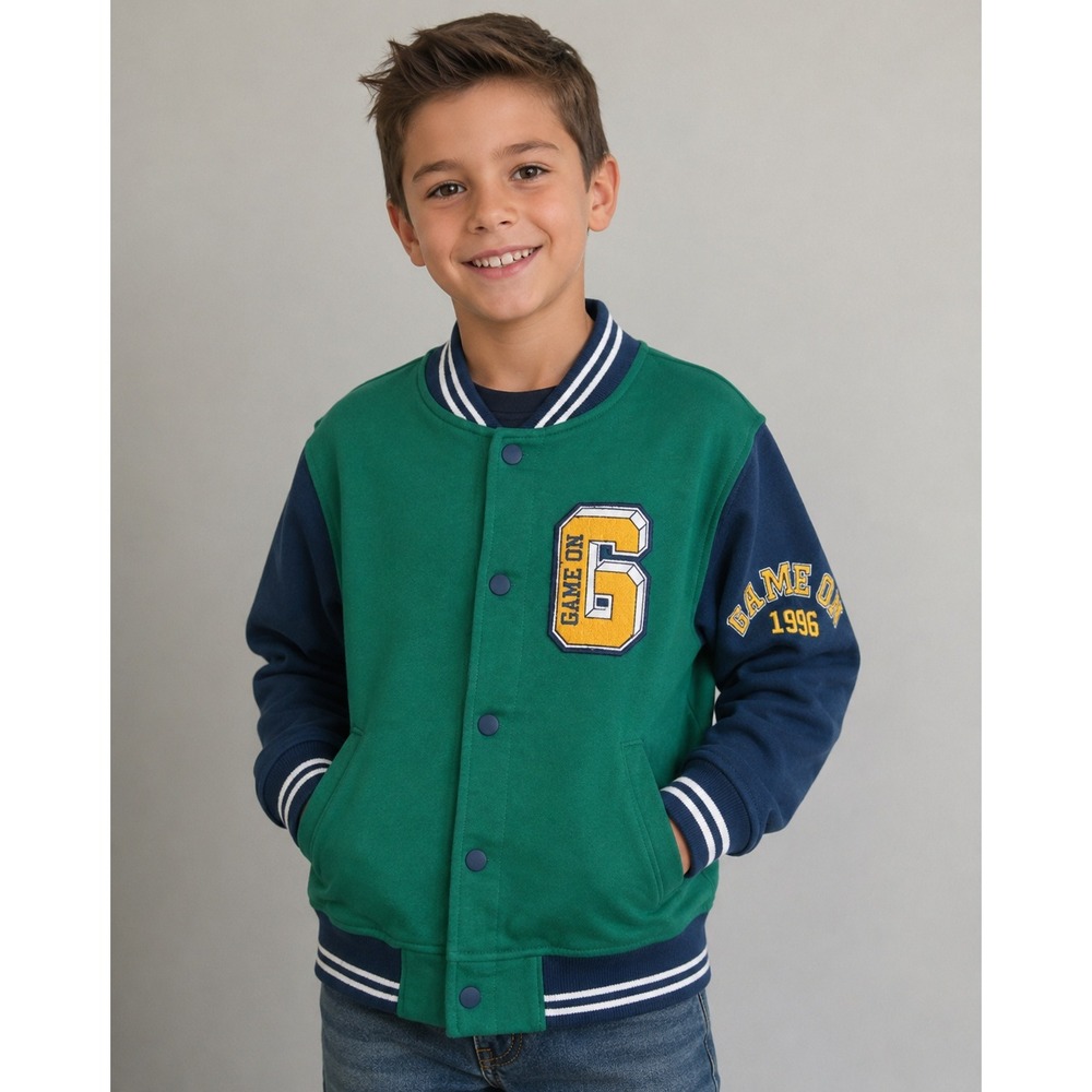 VTG 90s Game On 1996 Varsity Jacket Youth M 8 Green Blue Snap Button Retro